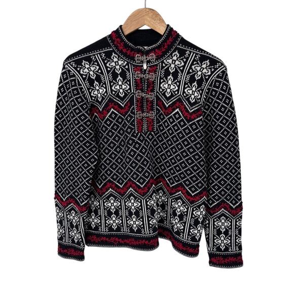 Vintage Norm Thompson Nordic Fair Isle Sweater Womens Small Black‎ White Clasp - Picture 1 of 8